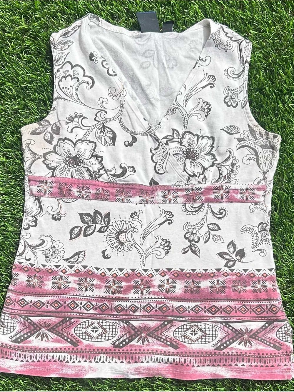 Sonoma White Tank Top with Pink and Gray Floral Accents